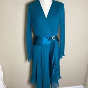 Donna Ricco Vintage 100% Silk Teal Blue Wrap Dress Rhinestone Buckle Size 8